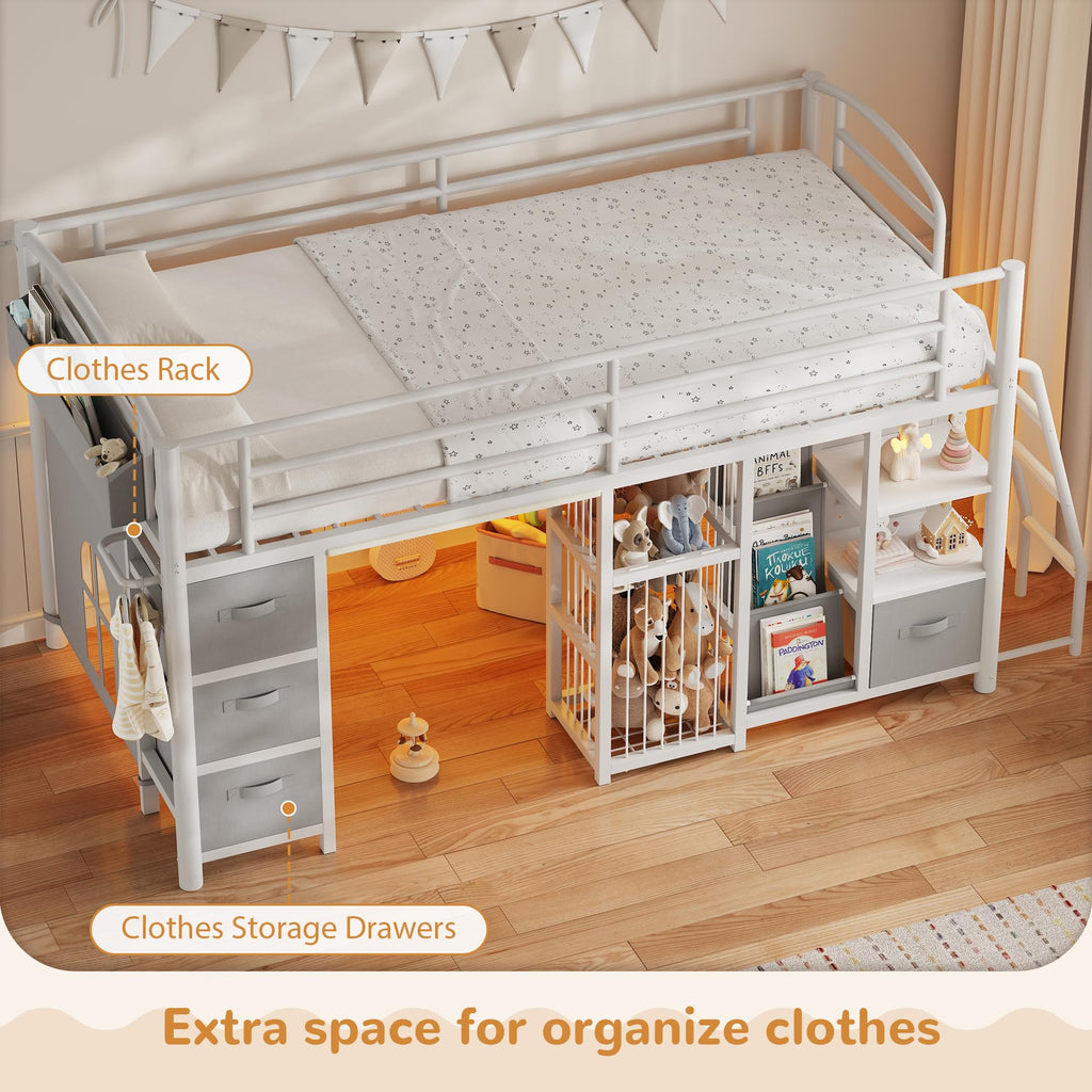 Twin Low Loft Bed with Storage Drawers and LED Lights Z2944