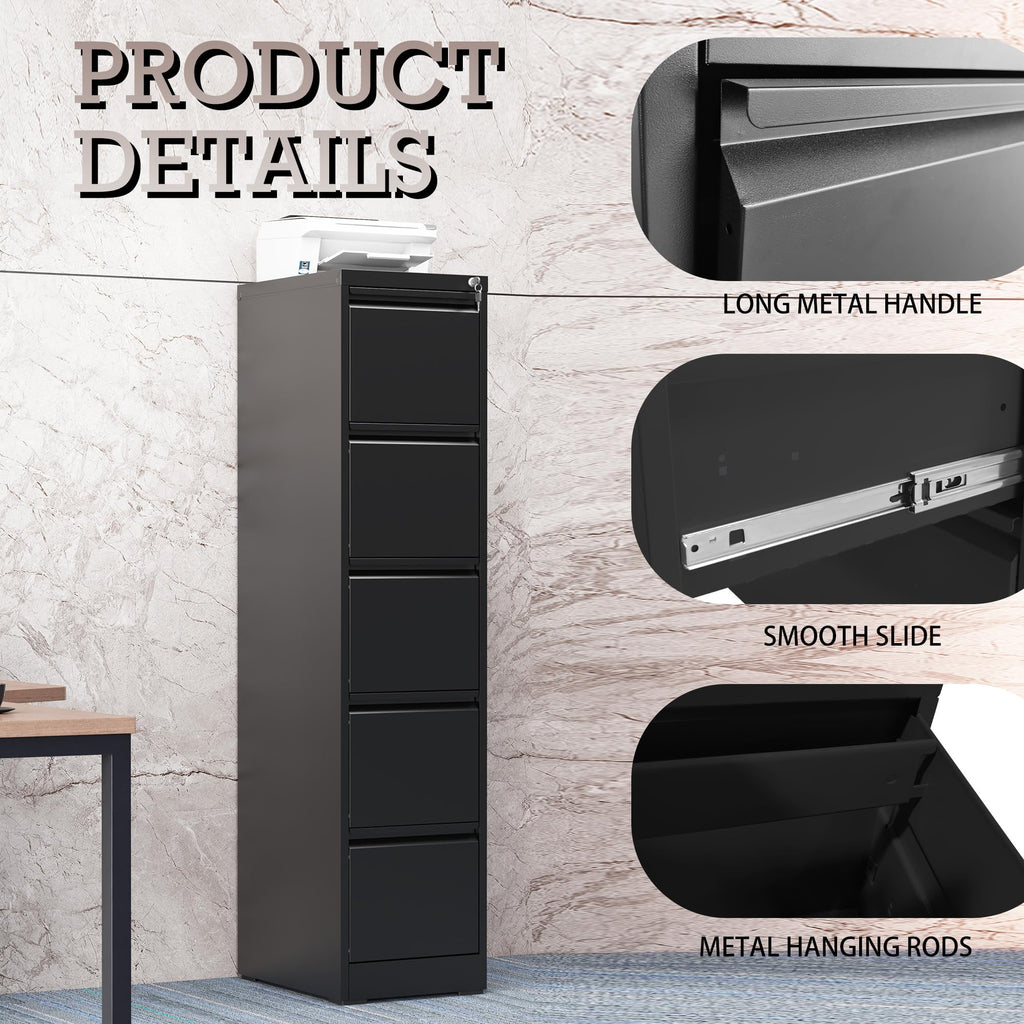 5 Drawer Black Filing Cabinet with Lock V998908