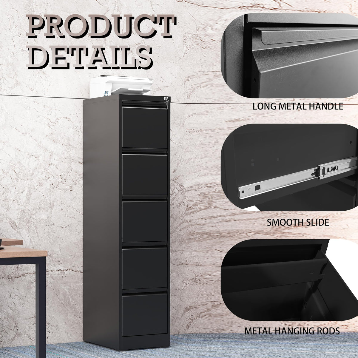 5 Drawer Black Filing Cabinet with Lock V998908