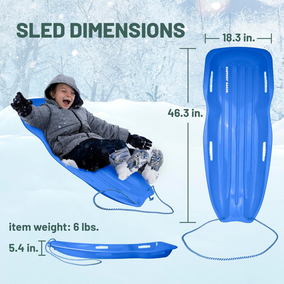 Kids Plastic Snow Sled with Pull Rope and Handles, Blue X315835