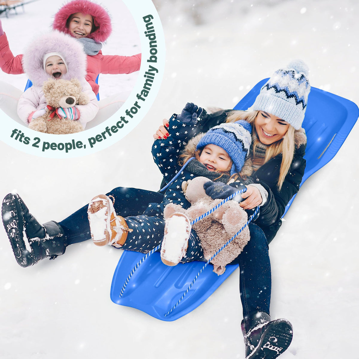 Kids Plastic Snow Sled with Pull Rope and Handles, Blue X315835