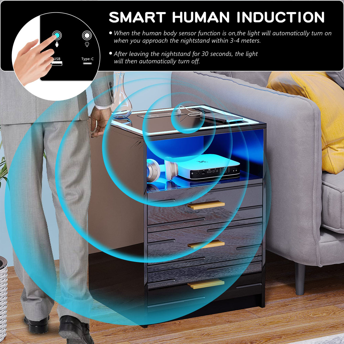 LED Nightstand with Wireless Charging Station, 3 Drawer Bedside Table K423