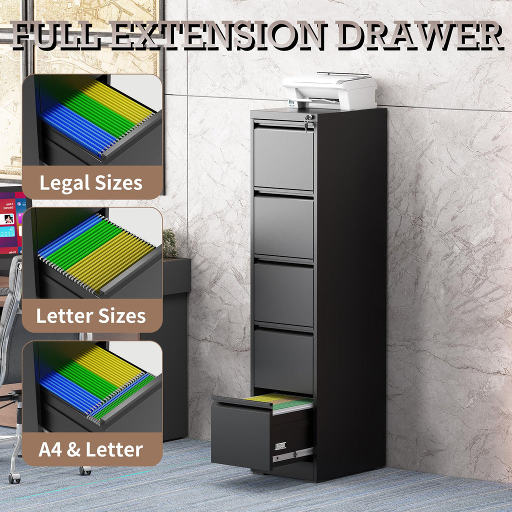 5 Drawer Black Filing Cabinet with Lock V998908