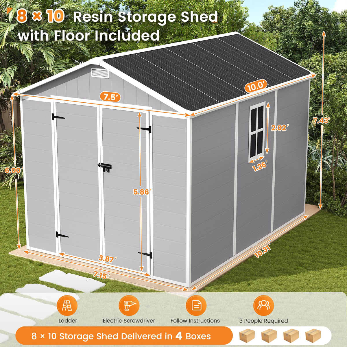 8 x 10 FT Resin Outdoor Storage Shed with Floor X383289