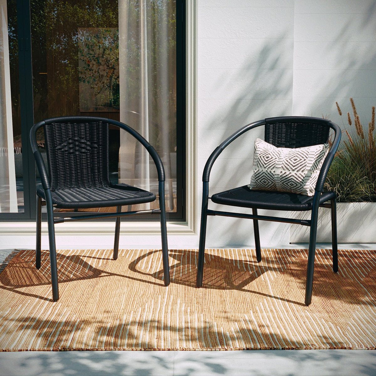 Black Rattan Stackable Dining Chairs Set of 4 P1496