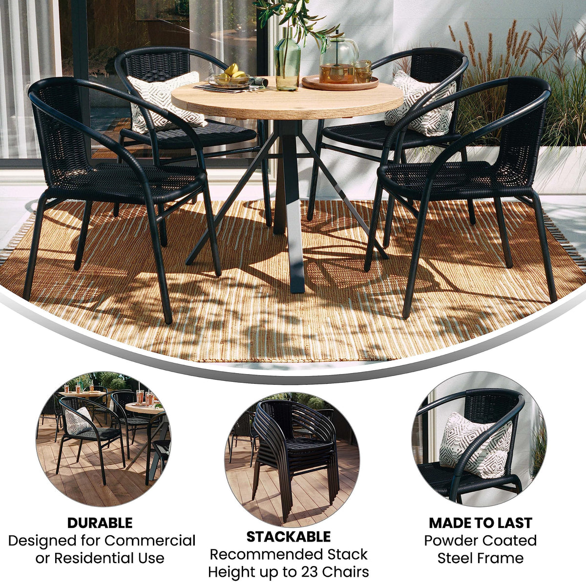 Black Rattan Stackable Dining Chairs Set of 4 P1496